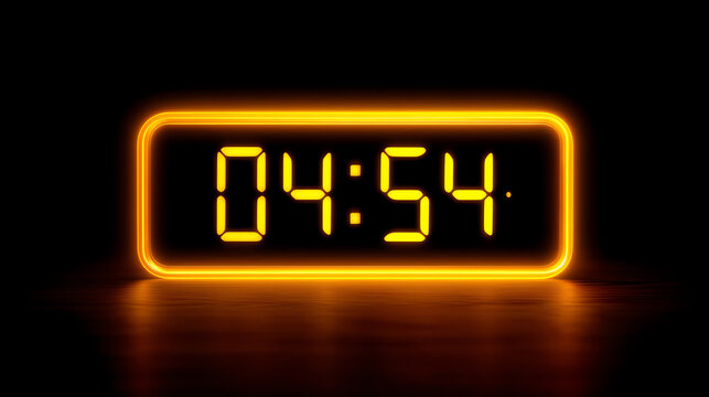 A glowing digital clock displaying the time 04:54 in bright yellow-orange on a dark background, creating a modern and futuristic atmosphere