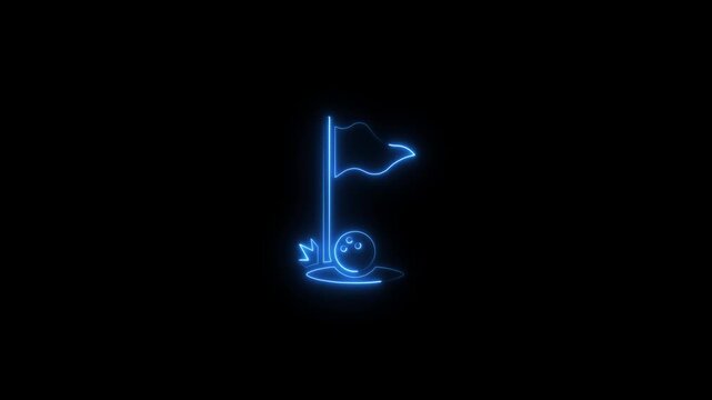 Neon blue golf ball sinking into hole with flag waving on black background abstract sport animation