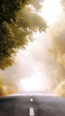 Foggy road with autumn trees on both sides creating peaceful and dreamy atmosphere in soft golden light