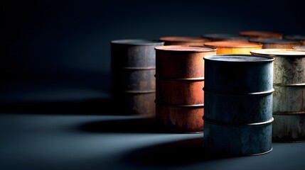 Rusted industrial drums sit in a dimly lit storage area.