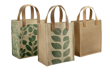 Three Jute Bags with Leaf Prints isolated on a transparent background