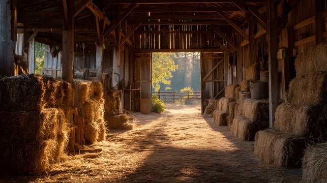 Sunlit barn interior filled with hay bales and rustic wooden structure.