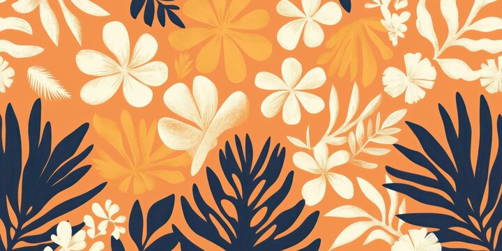 Seamless tropical floral pattern with large cream, navy blue, and orange flowers and foliage on a vibrant orange background - Powered by Adobe