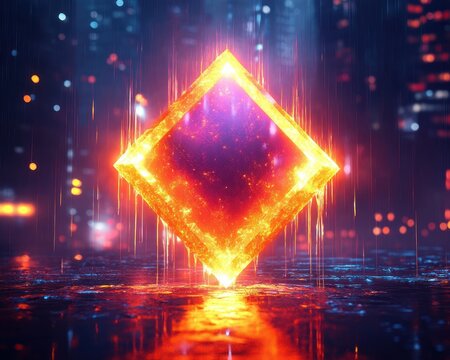 Glowing fiery diamond shape floating above reflective wet surface with city lights blurred in the background, emitting intense orange and yellow light with vertical streaks