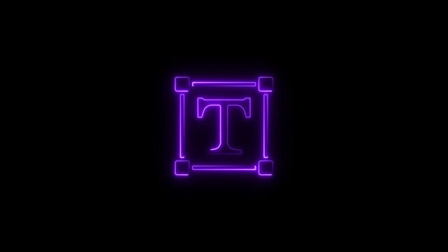 Neon purple text box icon glowing on black background digital animation graphic design element