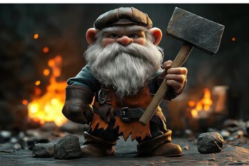 Determined dwarf blacksmith holding a large hammer standing on rocky ground with fiery forge in the background