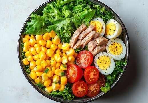 Fresh salad bowl with leafy greens, sweet corn, sliced cherry tomatoes, boiled egg halves, and seasoned grilled chicken strips arranged neatly in a dark bowl