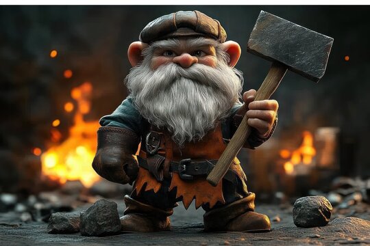 Determined dwarf blacksmith holding a large hammer standing on rocky ground with fiery forge in the background