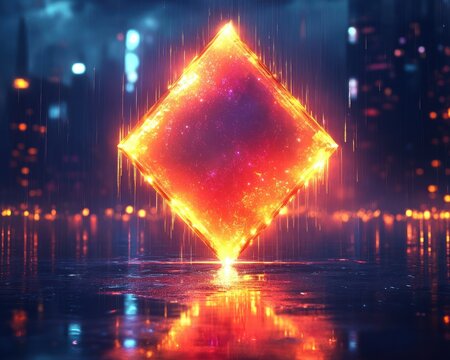 Glowing fiery diamond-shaped light floating above wet reflective surface in a dark rainy urban environment with blurred city lights