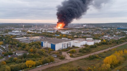 Fototapeta premium Aerial view of a fire in an industrial area caused by a drone attack. FPV drone hit fuel depot