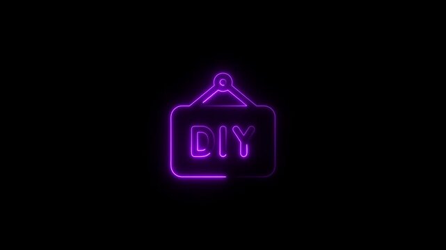 Purple neon sign D I Y hanging on black background glowing animated text for creative projects