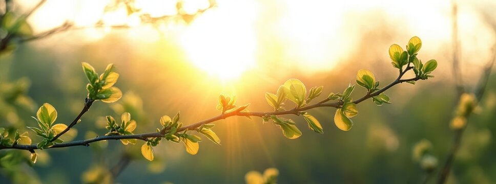 Close-up of a delicate branch with fresh green leaves illuminated by warm golden sunlight during sunrise or sunset - Powered by Adobe