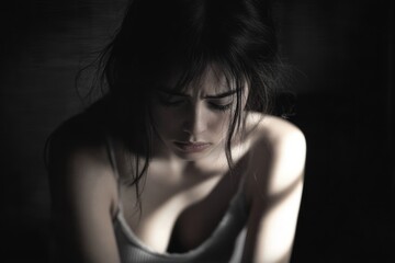 Naklejka premium Young woman with dark hair looking down with a somber expression in soft light and shadow