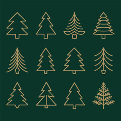 Twelve Outline Christmas Trees, vector, illustration.