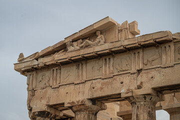 Parthenon east pediment details, south part, with horses and statue of Dionysus lying down in the Acropolis, Athens, Greece