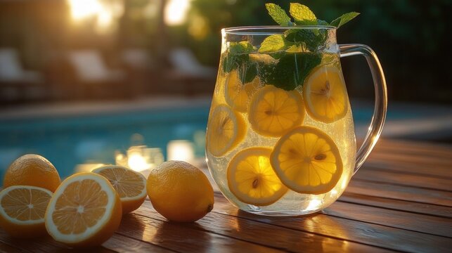 Glass pitcher filled with refreshing lemon water garnished with fresh mint leaves on wooden table beside whole and halved lemons during golden hour