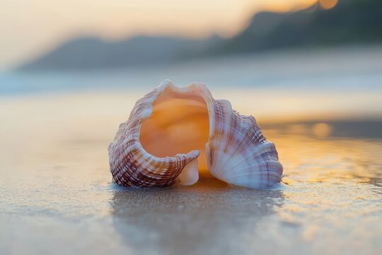 Close-up of a conch shell on wet sandy beach with soft golden sunlight and blurred ocean and hills in the background - Powered by Adobe