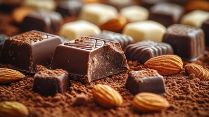 Assorted pieces of dark and white chocolate surrounded by cocoa powder and whole almonds, evoking a rich and indulgent feeling
