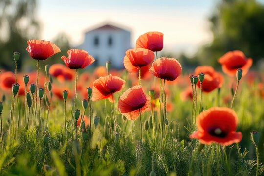 Bright red poppies blooming in a sunlit field with a blurred white house and greenery in the background evoking a peaceful and calm atmosphere