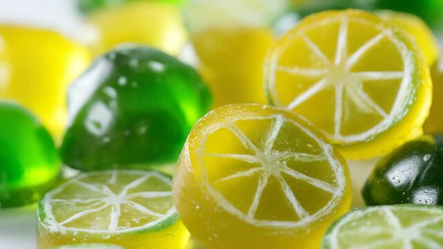 Colorful yellow and green candies are artfully arranged, showcasing their fruity designs