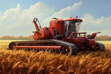 Obraz premium Red combine harvester working in a golden wheat field during harvest time, under a cloudy sky