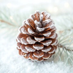 Flowers and Leaves in Christmas New year PNG concept. A snow-dusted pine cone rests on a bed of soft snow with pine needles in the background.
