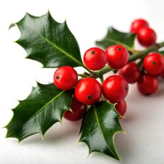 Flowers and Leaves in Christmas New year PNG concept. A vibrant holly branch featuring glossy green leaves and bright red berries.