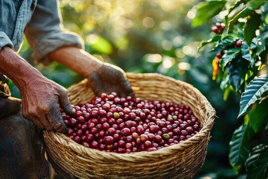 Hands of a person holding a large woven basket filled with ripe red coffee cherries in a sunlit coffee plantation