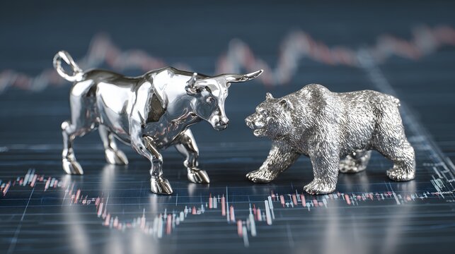 Bull and bear figurines face each other on a  market chart.