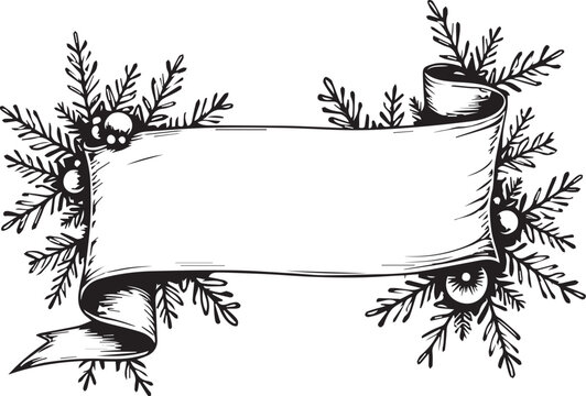 A festive holiday banner, elegantly adorned with evergreen boughs and decorative ornaments, invites a personalized message. A timeless, hand-drawn design exudes warmth and holiday spirit.