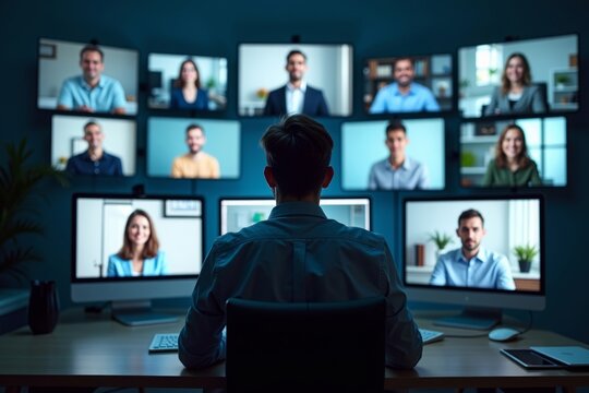 A person sitting at a desk surrounded by multiple screens displaying coworkers and clients from around the world in a virtual video conference