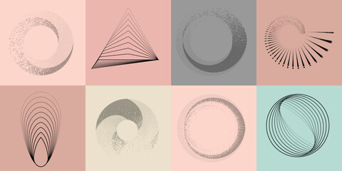 Lines and spirals in Circle Form .Rotate rounded shape Vector .Rotating dots form a circle .Rotating and linear design element . Various lines forming round shape . Abstract Geometric line art 