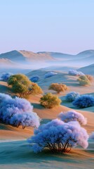Surreal dreamlike landscape with colorful trees and soft hills emerging from fog