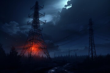 Electricity pylon glowing red at night, creating a dramatic and mysterious atmosphere