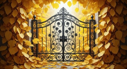 Ornate Black Metal Gate with Golden Autumn Leaves Backdrop