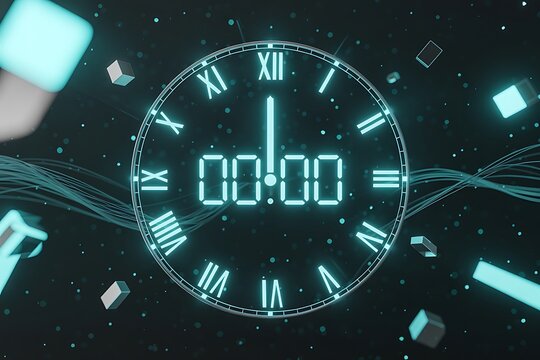Futuristic neon digital clock face with roman numerals and glowing particles on a dark cosmic background - Powered by Adobe