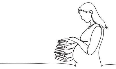 Pregnant Woman Preparing Baby Clothes in Continuous Line Art