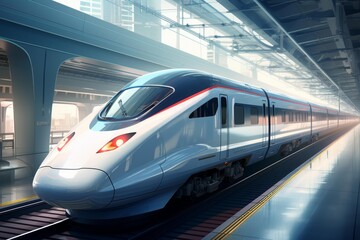 Sleek, modern high speed train arriving at a futuristic railway station, embodying speed, efficiency, and advanced transportation technology