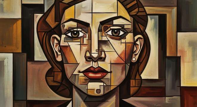 Striking cubist style painting of a woman's face composed of geometric shapes and intersecting lines in warm earth tones