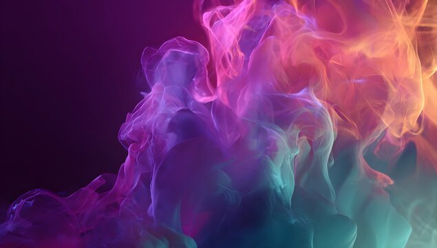 Abstract swirling colorful smoke plumes in vibrant magenta purple turquoise and orange hues against a dark background