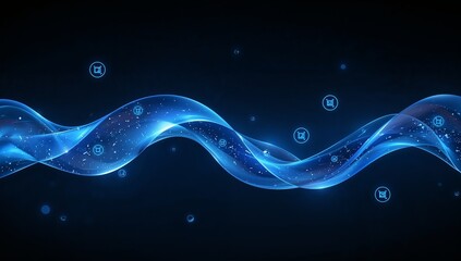Ethereal Blue Wave of Digital Icons Flowing Through Dark Cosmic Nebula.
