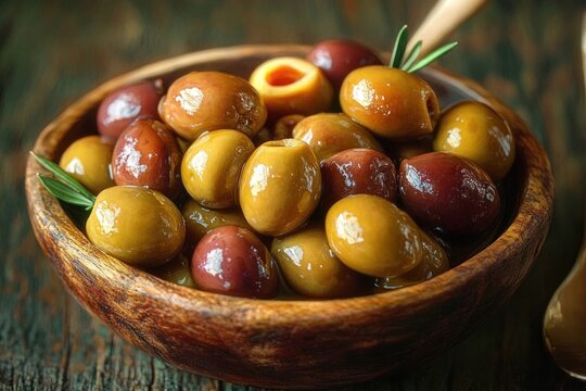 Close-up of a wooden bowl filled with glossy green and purple olives garnished with small sprigs of fresh rosemary on a rustic wooden surface