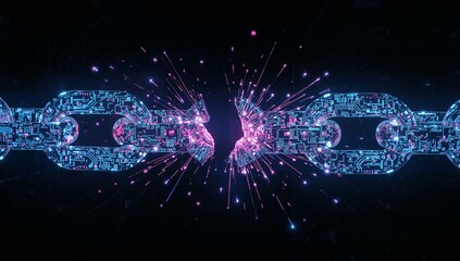 Broken Blockchain - Digital Chain Shattering with Blue and Purple Light on Black Background.