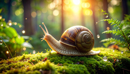 Snail on Moss in a Forest