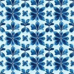 Seamless pattern of blue stylized flowers and leaf clusters on a light blue background, creating a calm and harmonious floral design