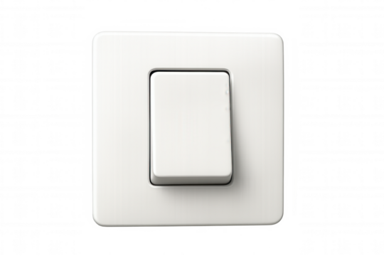 White light switch with toggle button, controlling power and electricity, isolated on transparent background