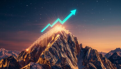 Ascending Arrow Graph Illuminates Mountain Peak Under Starry Night Sky, Symbolizing Financial Growth and Success.