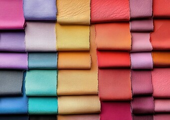 Fototapeta premium Stacks of various colored leather or fabric swatches displayed in neat rows with visible texture and rough edges
