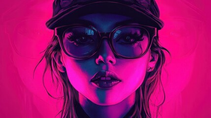 Close-up portrait of a young woman wearing a cap and large sunglasses with dramatic pink and purple lighting creating a bold and confident mood