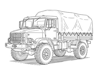 Military cargo truck in line art style in black and white